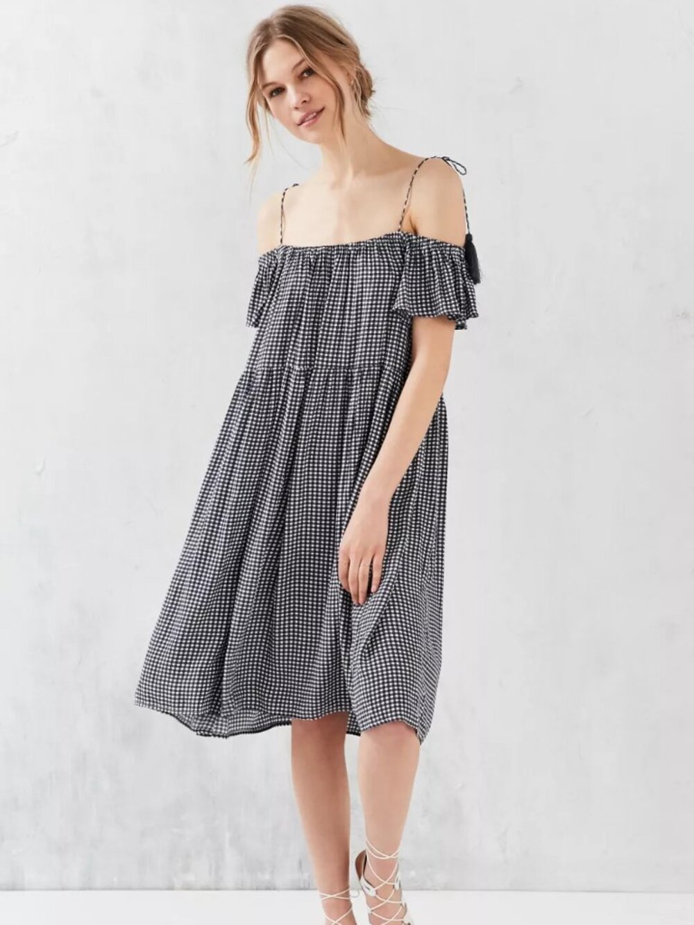 Anthropologie Little White Lies Bardot Gingham Peasant Midi Dress, Size XS